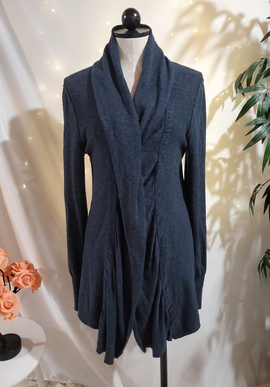Free People Snap Front Cotton Blend Long Cardigan Sweater Size M Dark Blue Knit